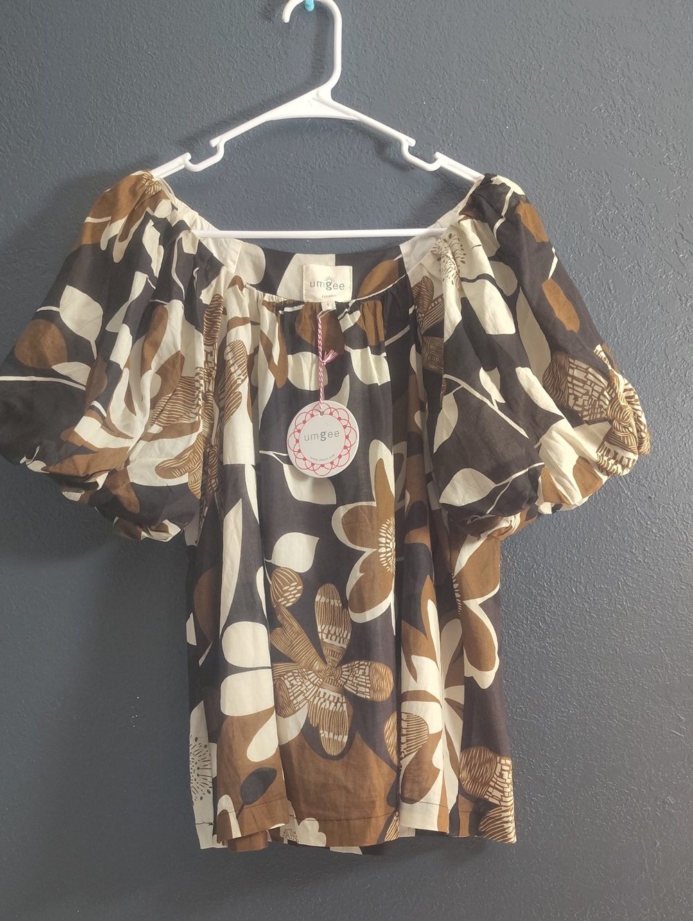 Umgee Boho Chocolate Brown & Cream Floral Off-Shoulder Whimsical Puff Sleeve Top